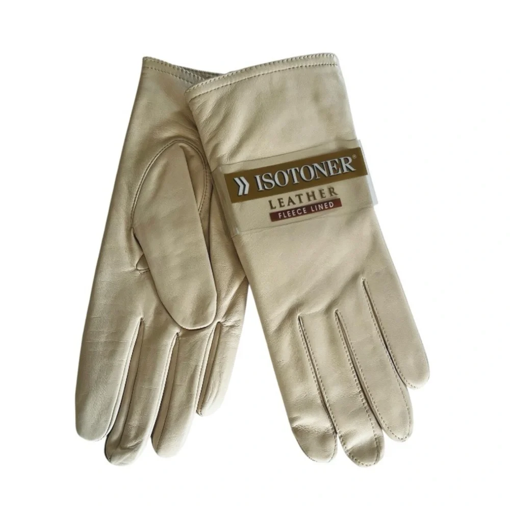 Isotoner Vintage NEW Cream Beige Leather Fleece Lined Gloves Size 8.5-9 Medium